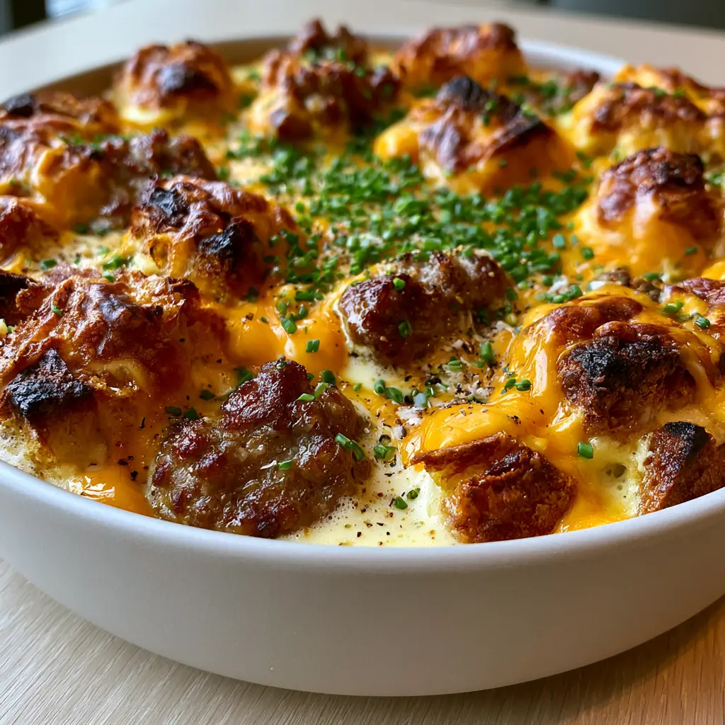 Sausage Cheese Strata with Crispy Sourdough and Gruyère 1 A serving of sausage cheese strata showing the pale ivory custard base and seared sausage crumbles.