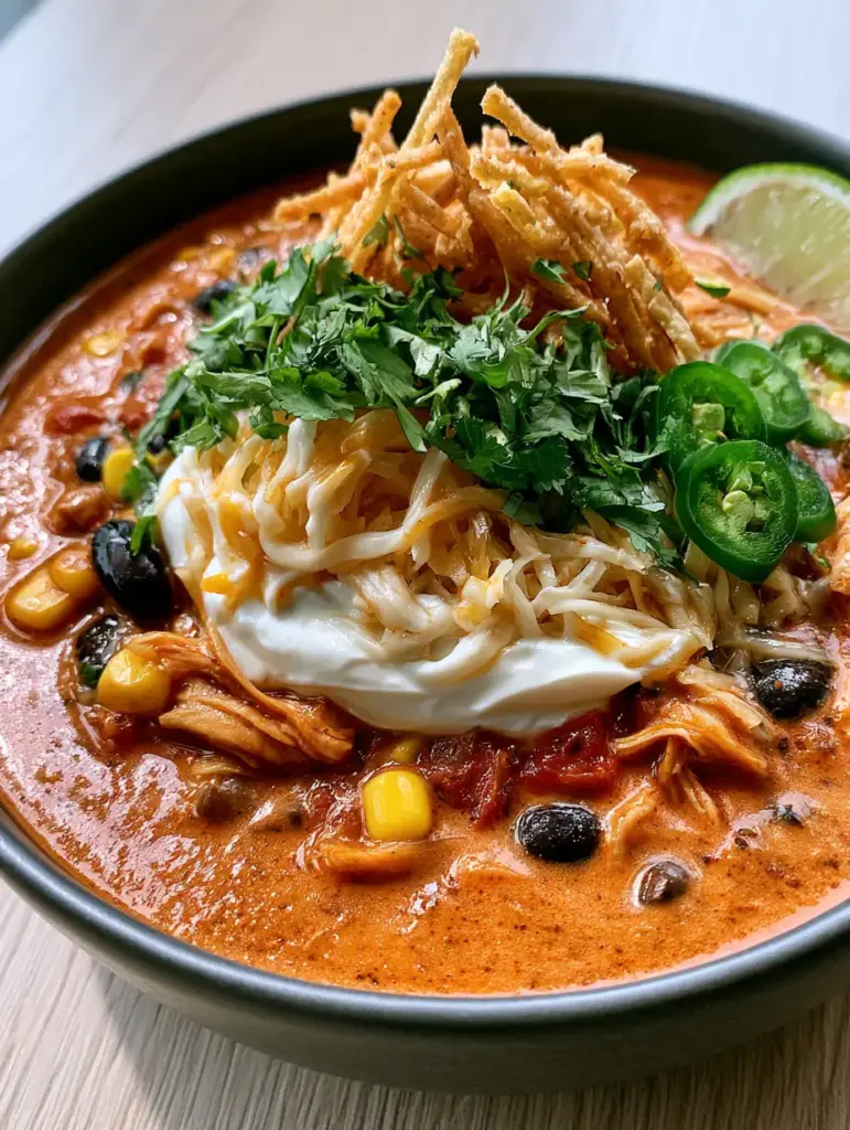 taco soup recipe: The Ultimate Velvety Rotisserie Chicken Version 1 Close up of melted Monterey Jack and cheddar cheese stretching over a thick taco soup recipe bowl.