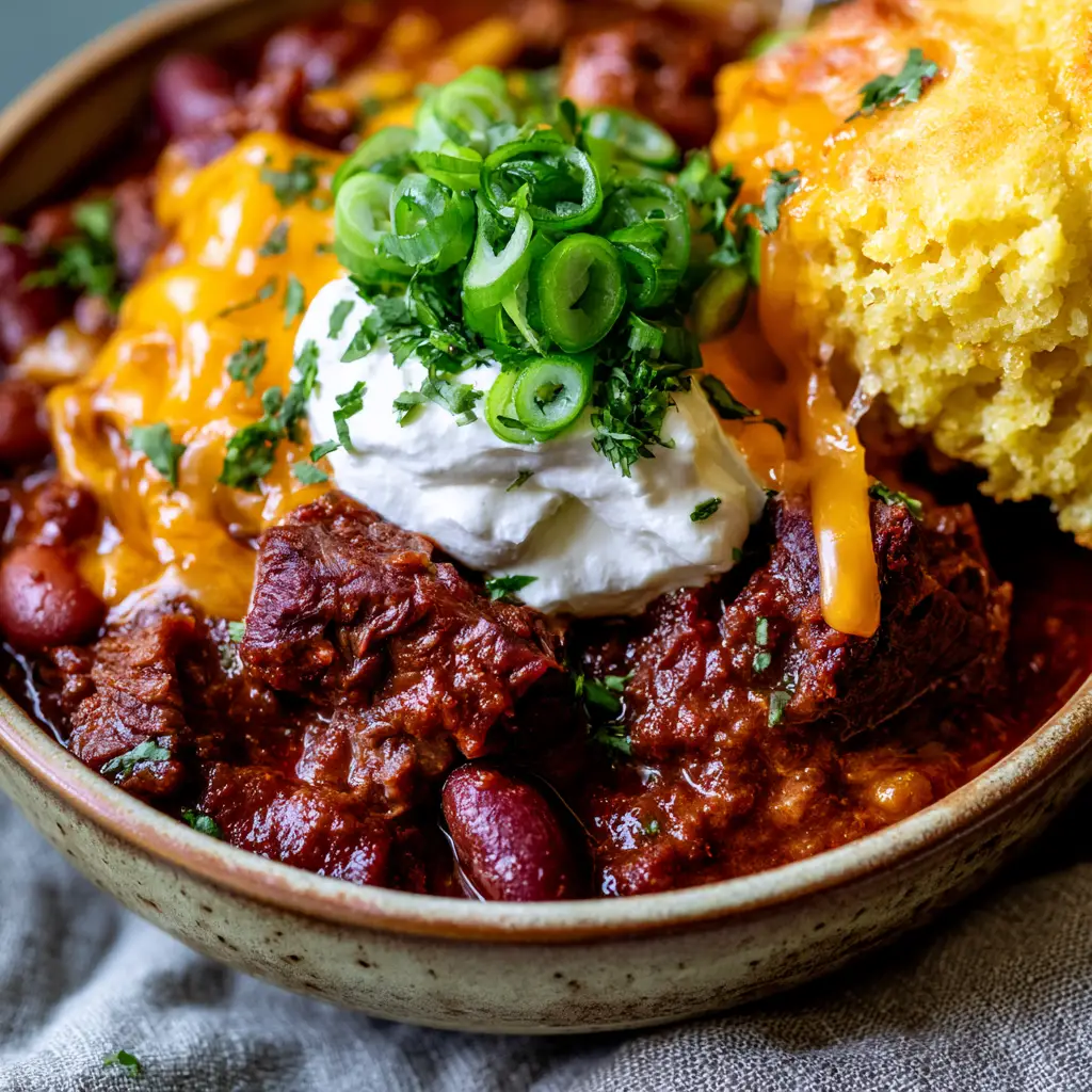 Chilli Con Carne with Seared Beef and Honey Cornbread 1 A piece of golden honey cornbread being dipped into a bowl of Chilli with a trail of melted cheese.