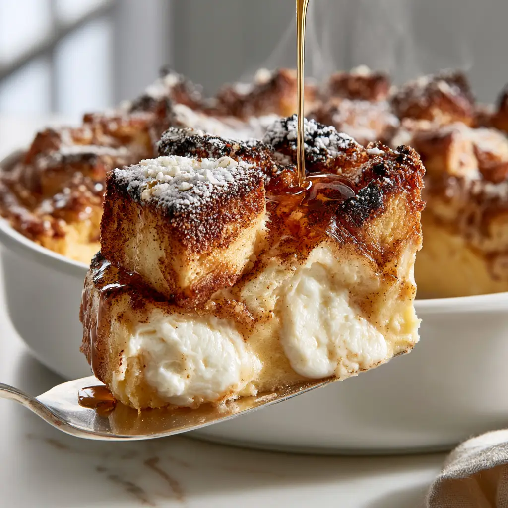 Top view of a golden-brown Cream cheese French toast casserole in a white ceramic dish with a dusting of powdered sugar.