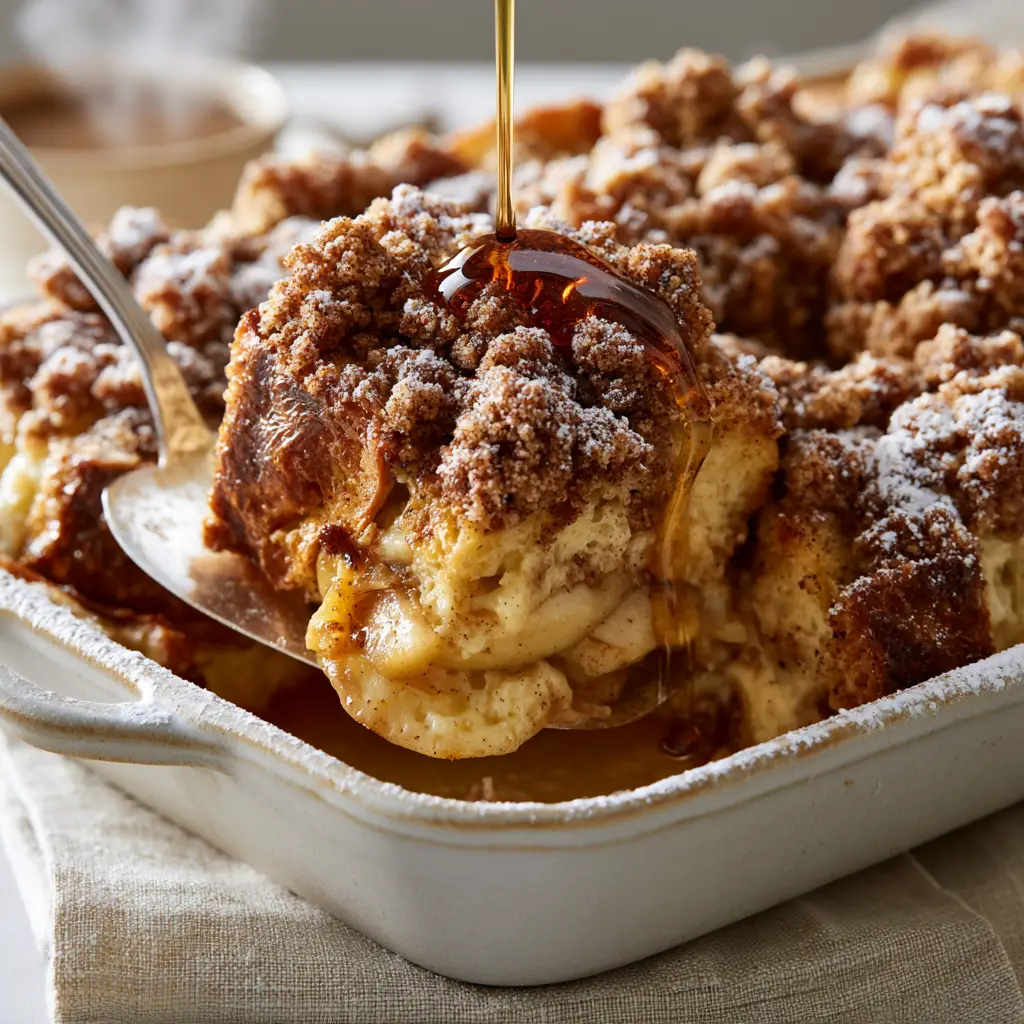 A steaming interior shot of Cinnamon Apple Baked French Toast Casserole showing the gooey vanilla custard layers.