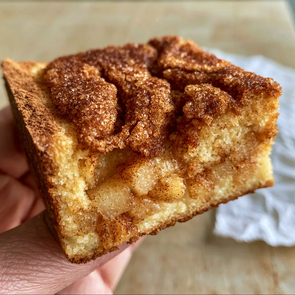 Side view of Apple Snickerdoodle Bars held in a hand, showing the moist golden blondie interior and tender apple pieces.