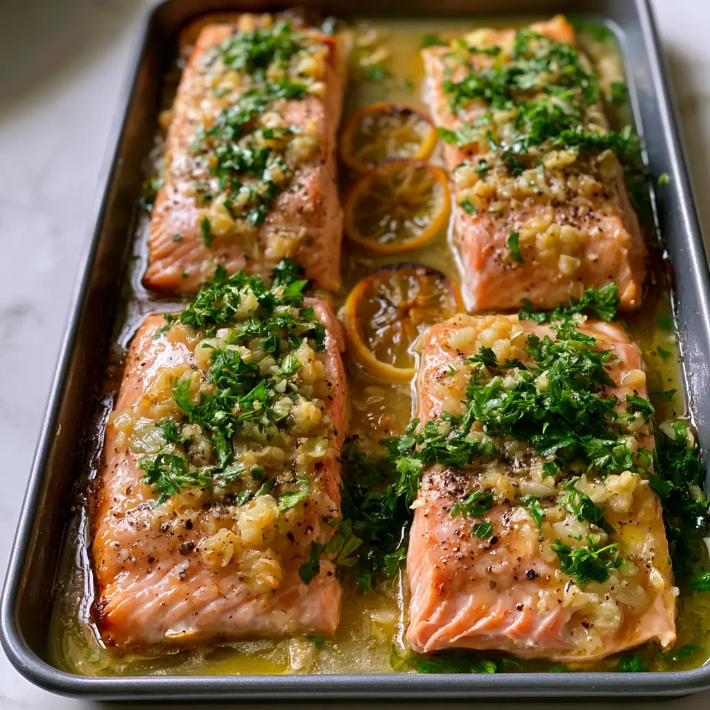 Baked Lemon Garlic Butter Salmon: The Ultimate 20-Minute Sheet Pan Masterpiece 1 A smartphone photo of the completed salmon dish on a dark grey pan atop a white marble counter. (Baked Lemon Garlic Butter Salmon)