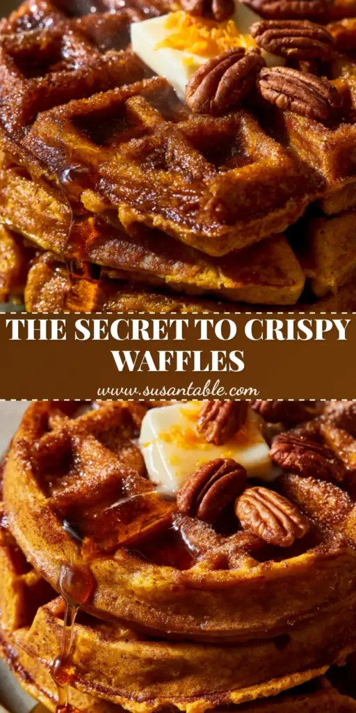 Pumpkin Waffles with Toasted Pecans and Zesty Orange Cinnamon Sugar 4 A tall stack of Belgian pumpkin waffles topped with melting salted butter, toasted pecans, and a drizzle of amber maple syrup. (pumpkin waffles)