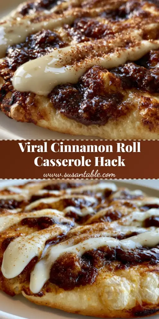 Cinnamon Roll Casserole with Heavy Cream and Cream Cheese Glaze 4 A warm cinnamon roll casserole in a white ceramic dish featuring golden-brown rolls and bubbling glaze.