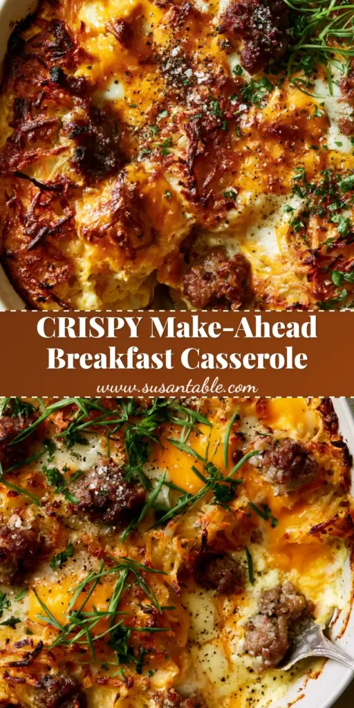 Overhead shot of a hashbrown breakfast casserole with lacy golden-brown edges, melted mozzarella bubbles, and seared sausage crumbles in a white ceramic dish.