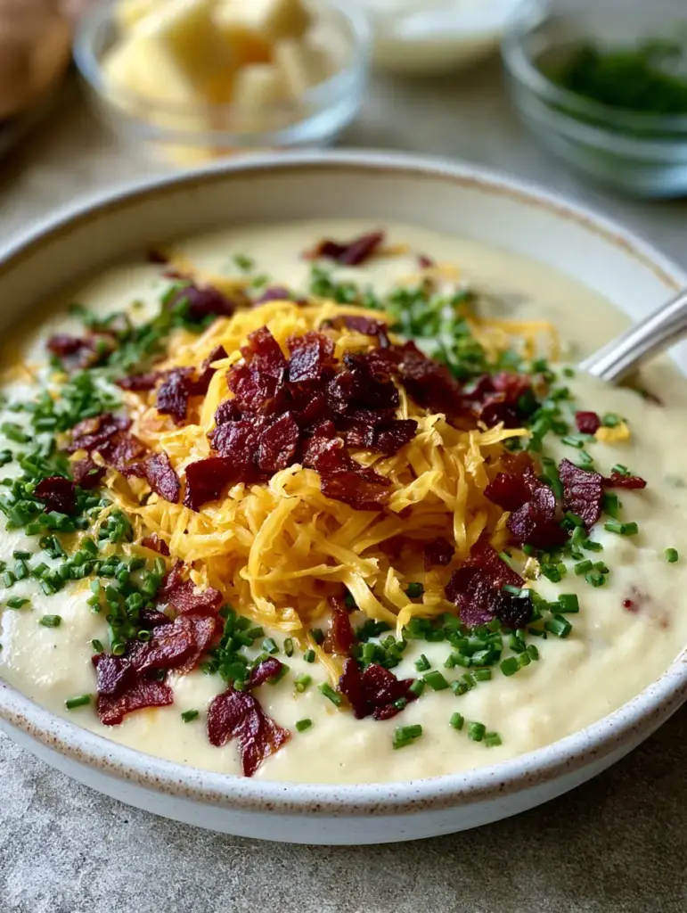 Homemade Potato Soup: The Creamiest Loaded Comfort Bowl 2 Smartphone photo looking into a creamy ivory homemade potato soup garnished with bacon and chives.