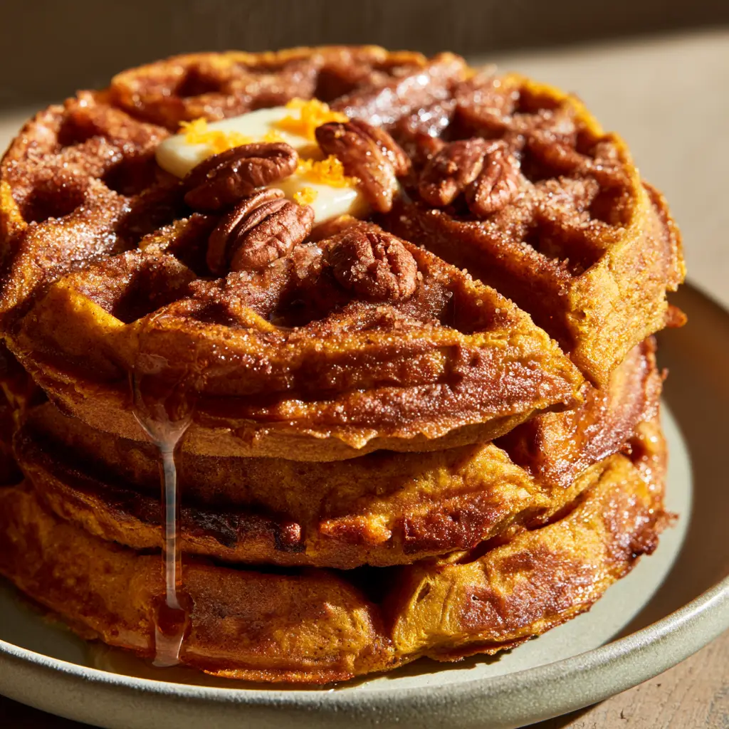 Pumpkin Waffles with Toasted Pecans and Zesty Orange Cinnamon Sugar 2 Extreme close-up of pumpkin waffles showing jagged crispy edges, cinnamon sugar, and steam rising. (pumpkin waffles)