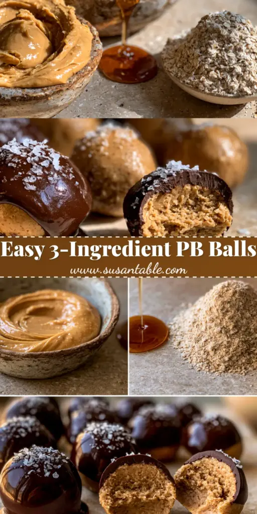 Peanut Butter Balls: The Ultimate 4-Ingredient Healthy Snack 3 A professional split-screen shot of peanut butter balls raw ingredients and the finished half-dipped dessert with flaky sea salt.