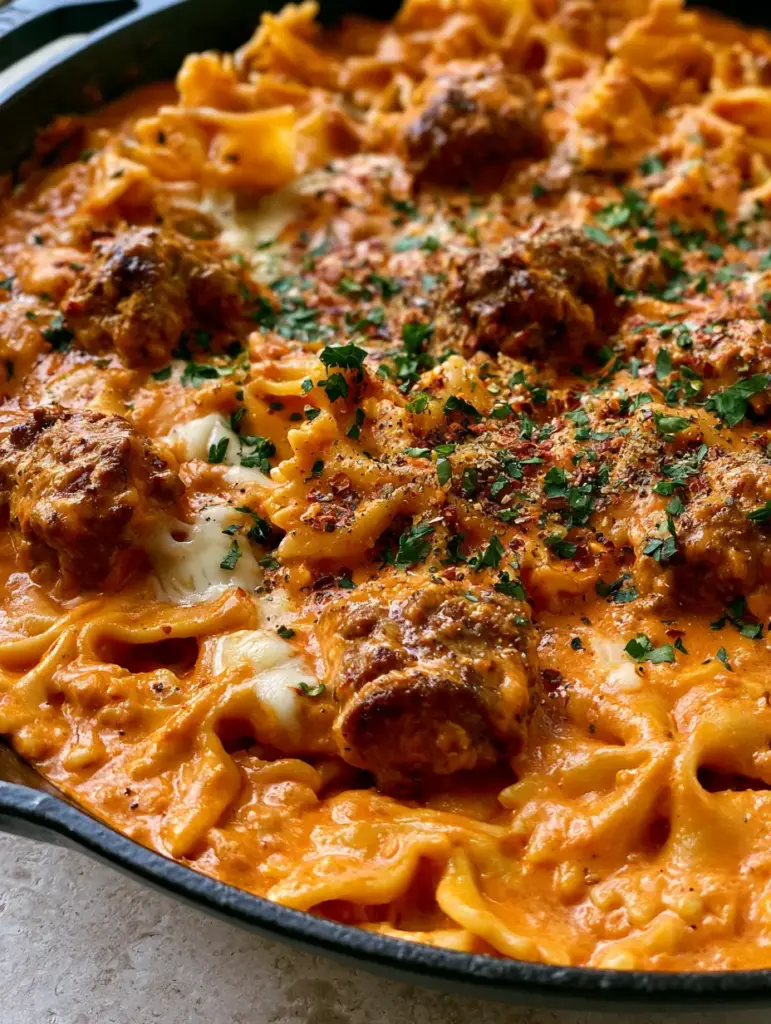 Beef bowtie pasta with Creamy Tomato Vodka-Style Sauce 2 Close-up of Beef bowtie pasta showing the glossy sunset-orange sauce and seared ground beef crumbles.