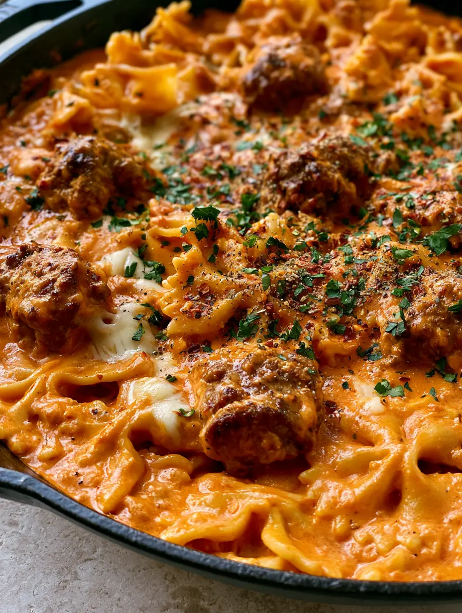 Beef bowtie pasta with Creamy Tomato Vodka-Style Sauce 3 Close-up of Beef bowtie pasta showing the glossy sunset-orange sauce and seared ground beef crumbles.