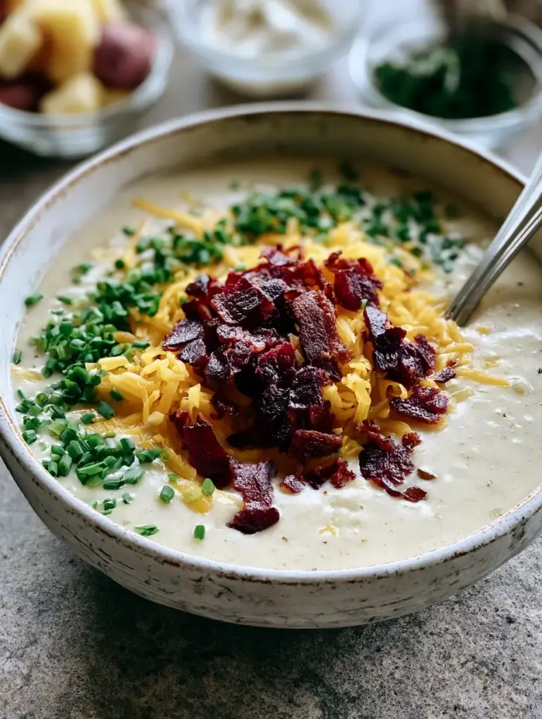 Homemade Potato Soup: The Creamiest Loaded Comfort Bowl 1 A silver spoon dipping into a thick bowl of homemade potato soup showing non-gummy, luscious consistency.