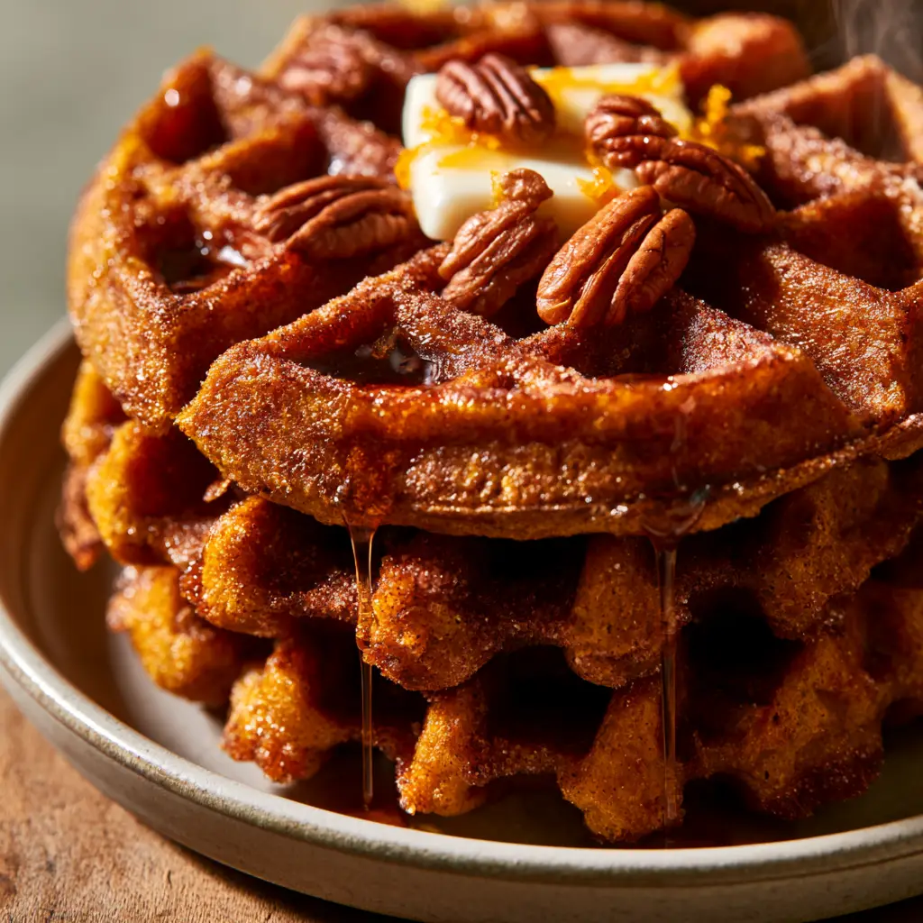 Pumpkin Waffles with Toasted Pecans and Zesty Orange Cinnamon Sugar 1 Salted butter melting over a stack of warm pumpkin waffles with orange zest and pecans.