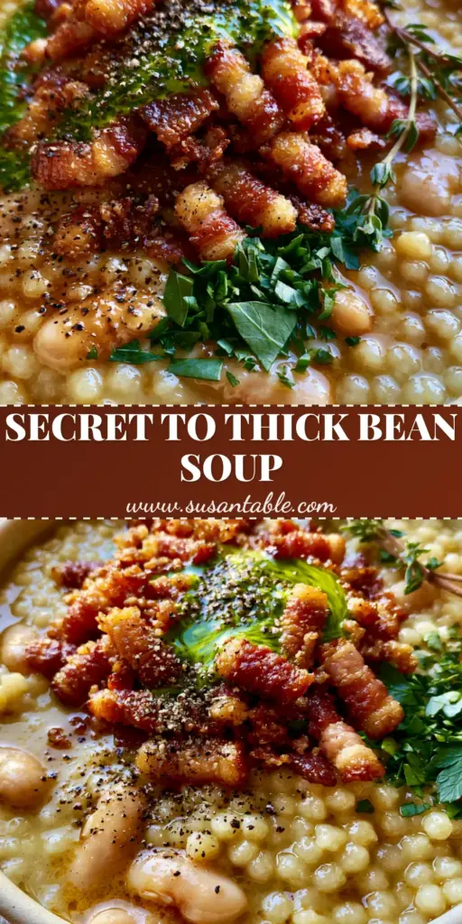 Bean soup with bacon and pearl couscous: A Smoky, Creamy Masterpiece 4 A rustic matte ceramic bowl overflowing with thick bean soup with bacon and pearl couscous, topped with vibrant herb oil and fresh thyme.