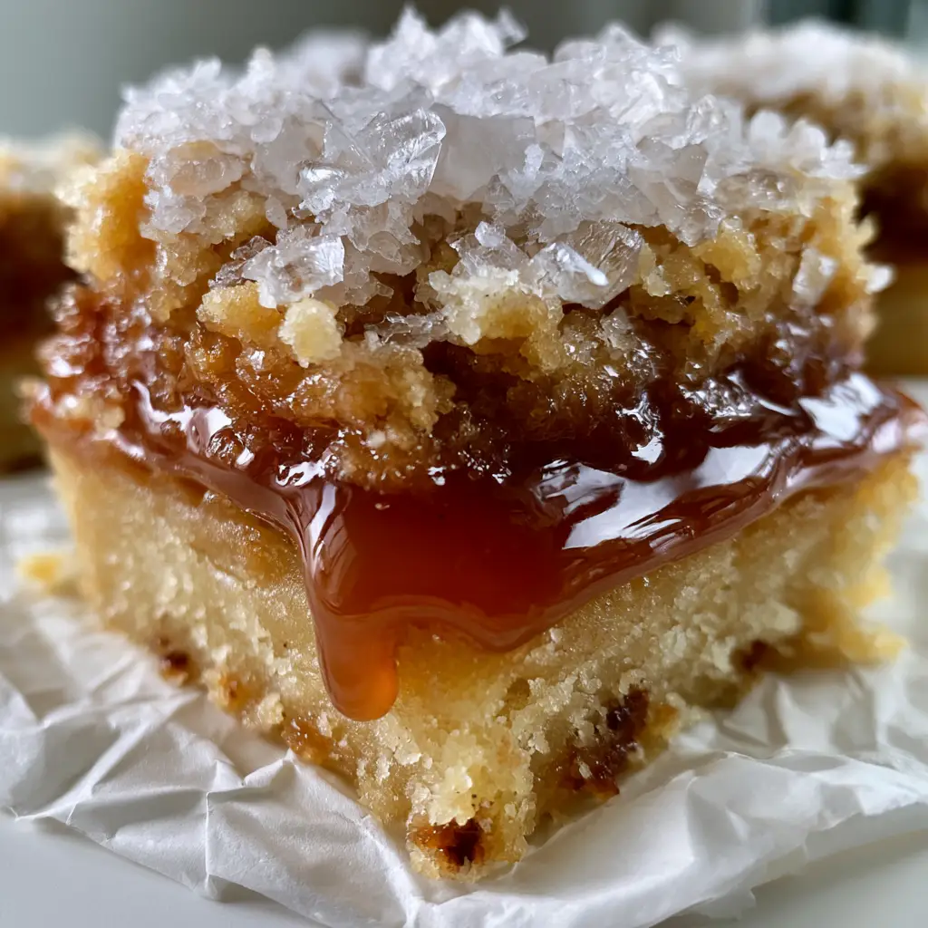 Vertical shot of Salted Caramel Butter Bars topped with shortbread crumble and large Maldon sea salt flakes.