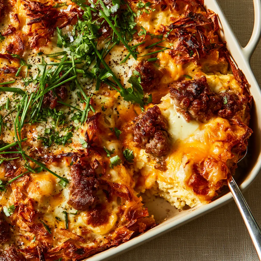 A silver server lifting a corner of a hashbrown breakfast casserole to reveal the moist egg custard beneath the crispy crust.