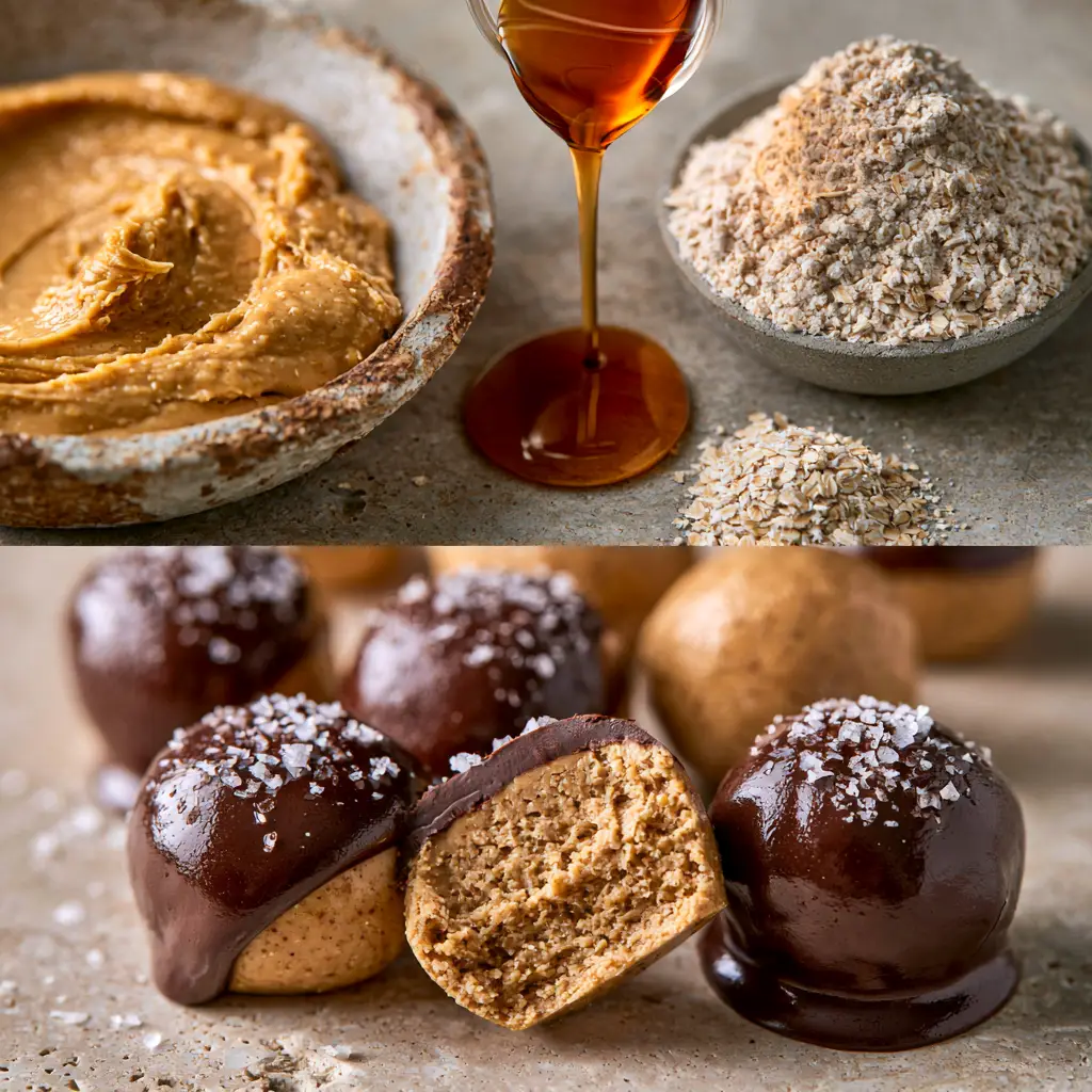 Peanut Butter Balls: The Ultimate 4-Ingredient Healthy Snack 2 Raw ingredients for peanut butter balls including oat flour, maple syrup, and creamy peanut butter.