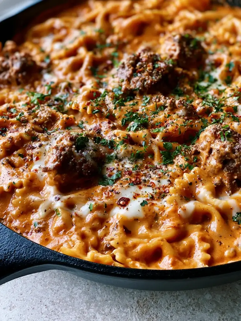 Beef bowtie pasta with Creamy Tomato Vodka-Style Sauce 1 Extreme close-up of melted mozzarella ribbons over Beef bowtie pasta and red pepper flakes.