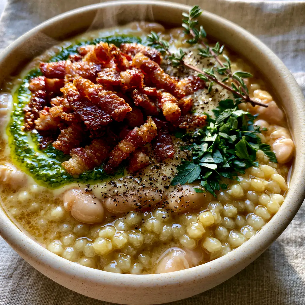 Bean soup with bacon and pearl couscous: A Smoky, Creamy Masterpiece 2 Macro handheld photo of creamy bean soup with bacon and pearl couscous showing the rich golden broth and crispy lardons.