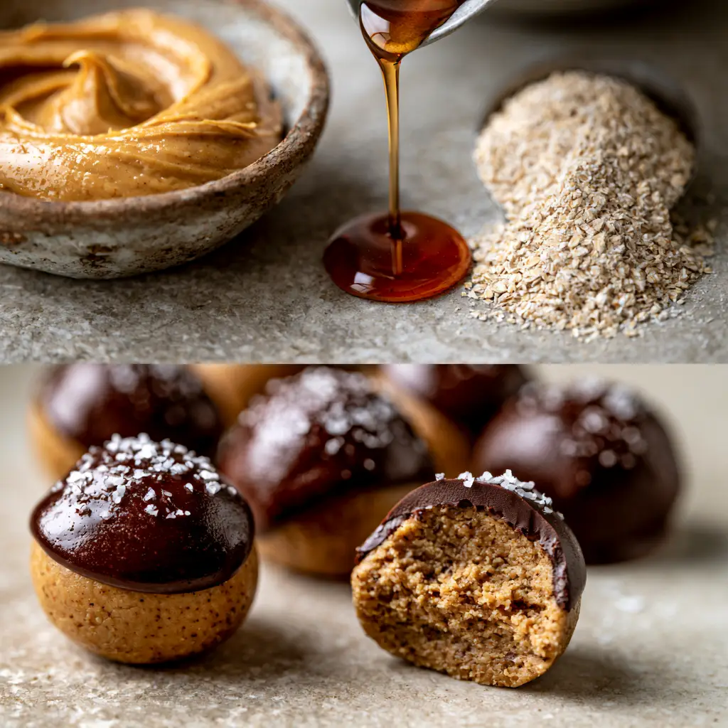 Peanut Butter Balls: The Ultimate 4-Ingredient Healthy Snack 1 Close up of peanut butter balls cut in half showing a moist fudge-like interior and dark chocolate coating.