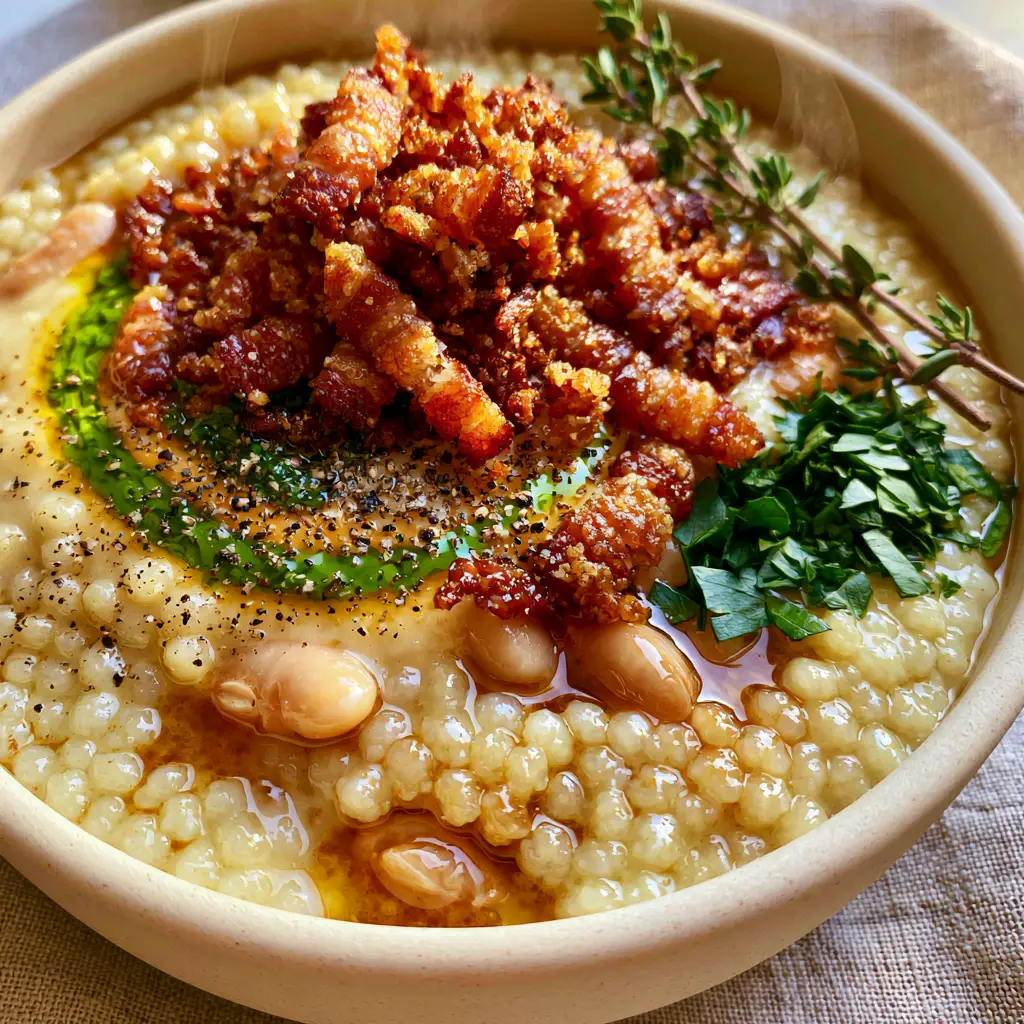 Bean soup with bacon and pearl couscous: A Smoky, Creamy Masterpiece 1 Overhead view of bean soup with bacon and pearl couscous featuring a bright green herb oil drizzle and cracked black pepper.