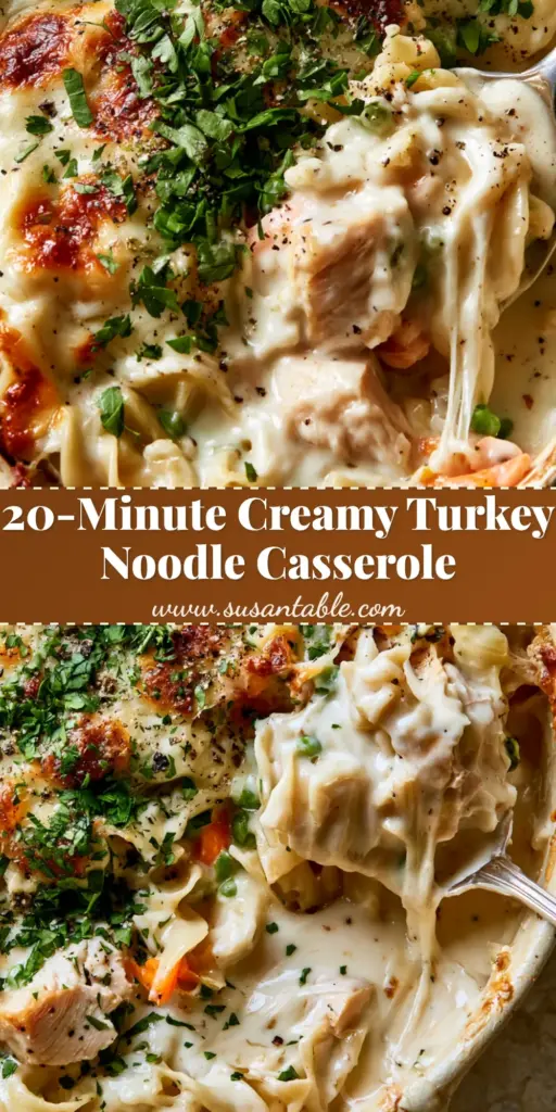 A top-down view of a leftover turkey noodle casserole in a cream ceramic dish with a silver spoon lifting a portion, showing a gooey cheese pull.