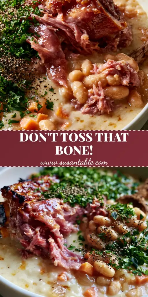 A vertical pin image showing a creamy Ham Bone Bean Soup in a white bowl with charred ham bone, pink shredded ham, and fresh parsley garnish.