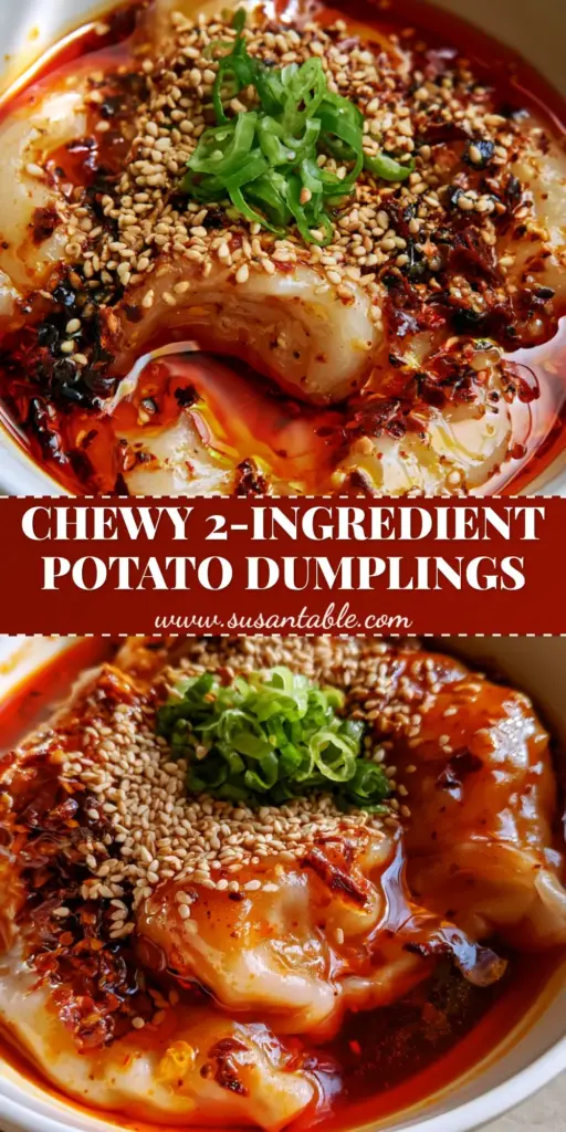 Spicy Potato Dumplings: The Ultimate Glossy Chili Oil Recipe 3 A handheld smartphone photo of a white bowl filled with glossy, translucent spicy potato dumplings covered in red chili oil and sesame seeds.