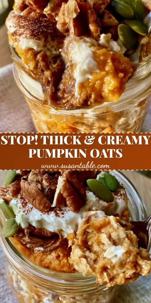 Pumpkin Overnight Oats with a Thick Cookie Dough Texture 4 A vertical macro shot of a glass jar filled with thick pumpkin overnight oats featuring a non-drippy scoop, pecans, and almond butter swirl.