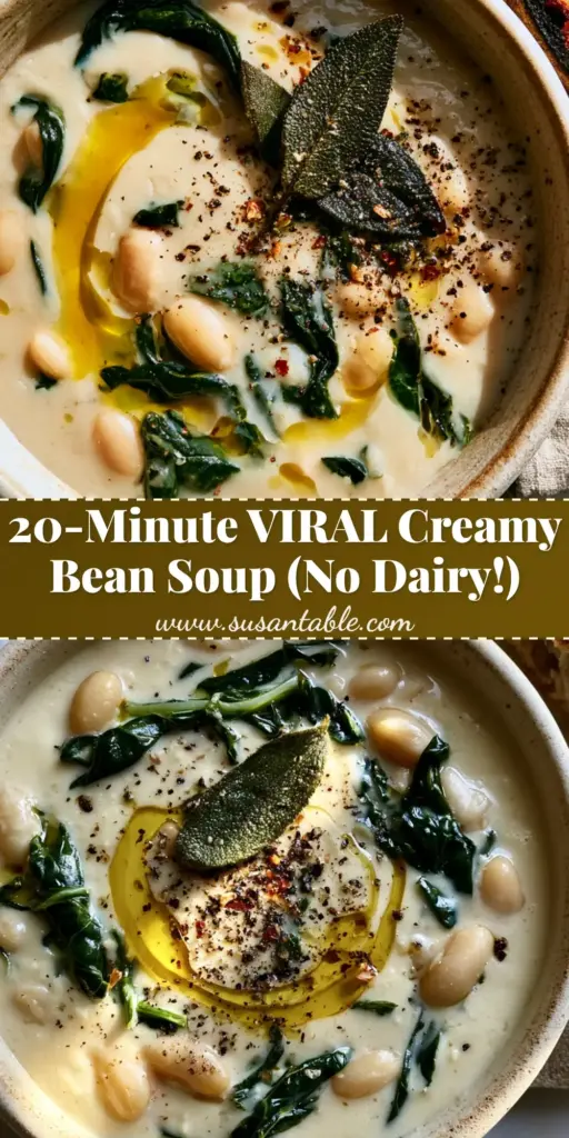 Creamy Bean Soup with Lacinato Kale and Crispy Sage 4 Overhead view of a matte cream bowl of Creamy Bean Soup topped with kale ribbons, crispy sage, and a golden olive oil swirl.