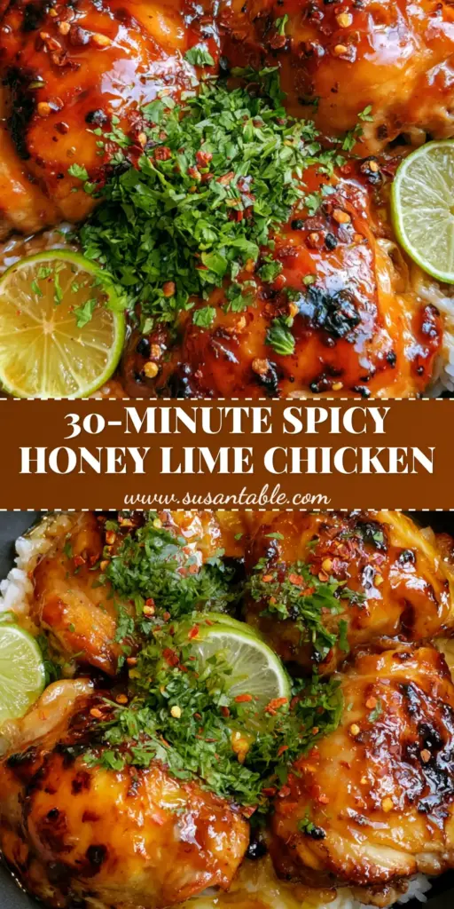 Spicy Honey Lime Chicken Thighs with Fluffy Coconut Rice 4 Juicy Spicy Honey Lime Chicken Thighs with a sticky amber glaze over coconut rice in a black bowl. (Spicy Honey Lime Chicken Thighs)