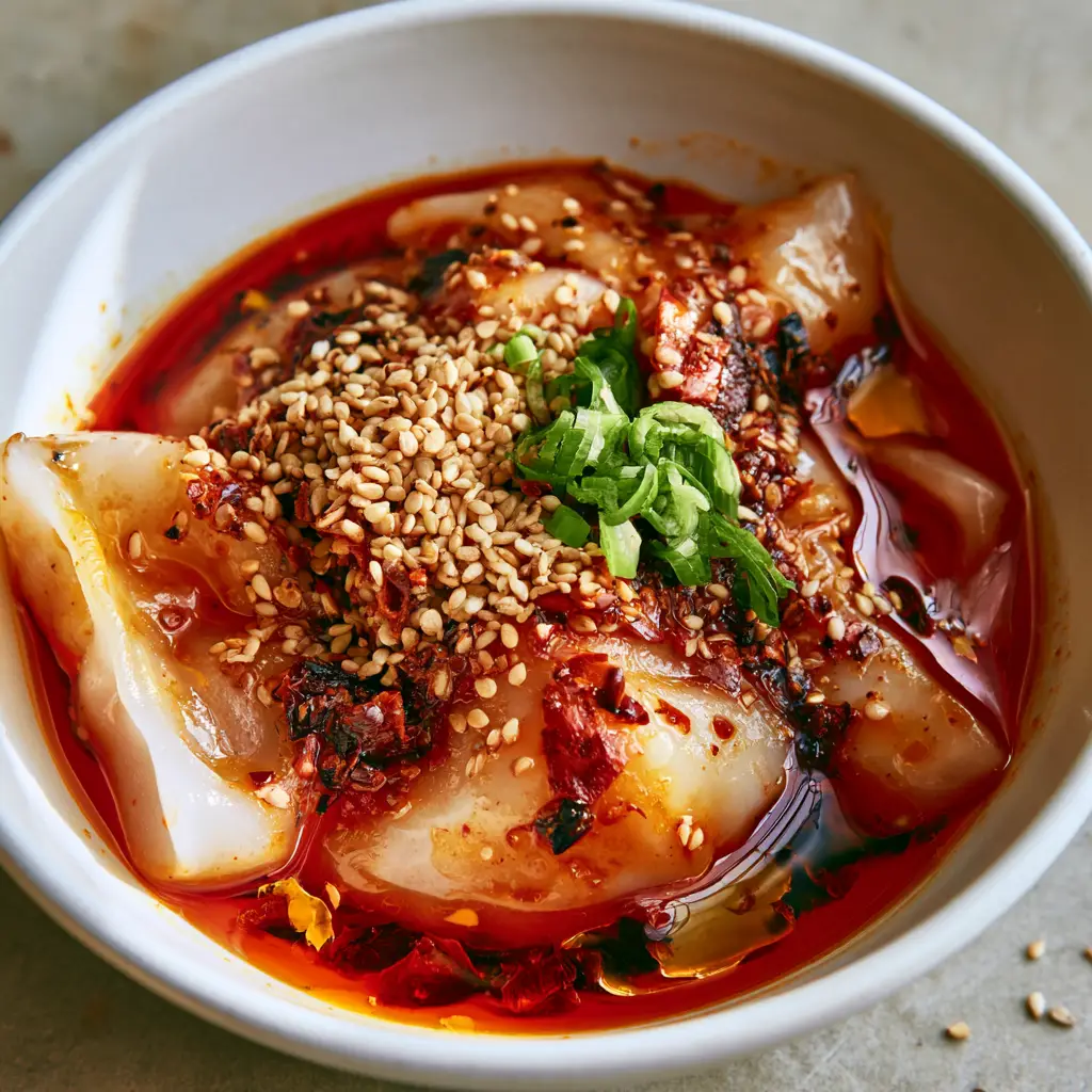 Spicy Potato Dumplings: The Ultimate Glossy Chili Oil Recipe 2 Close up of semi-transparent spicy potato dumplings showing the bouncy, glass-like texture and charred chili flakes.