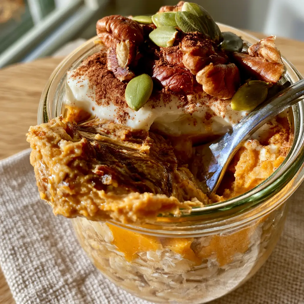 Close up of dense pumpkin overnight oats with bright orange puree and a thick layer of Greek yogurt. (pumpkin overnight oats)