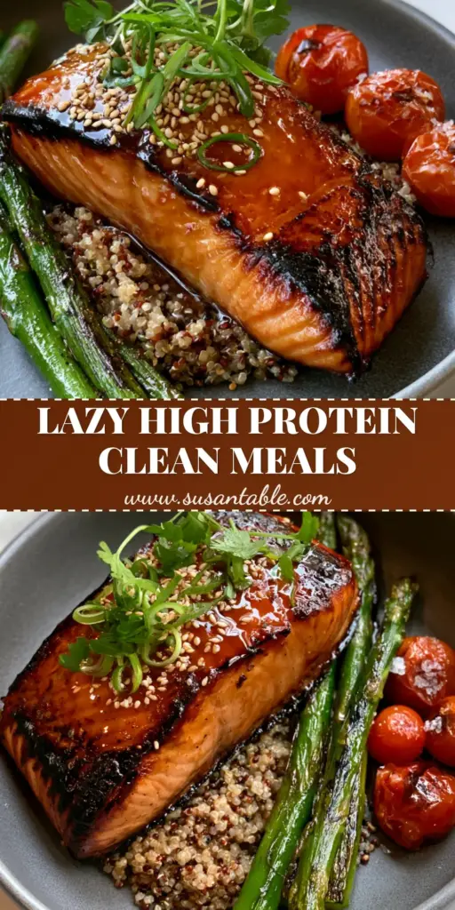 high protein clean eating meals: Honey-Garlic Seared Salmon with Tricolor Quinoa 4 A close-up of a honey-garlic seared salmon fillet on tricolor quinoa with charred asparagus and blistered tomatoes. (high protein clean eating meals)