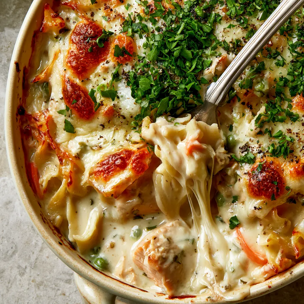 Rustic ceramic baking dish filled with wide egg noodles and turkey in a thick bechamel sauce.