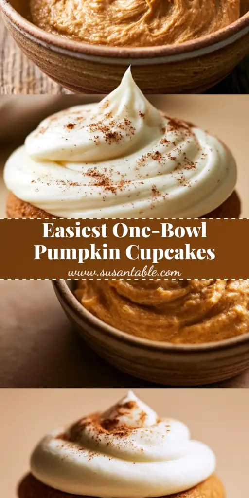 A close-up vertical shot of a pumpkin cupcake with a thick cream cheese frosting swirl in a brown paper liner, dusted with cinnamon.