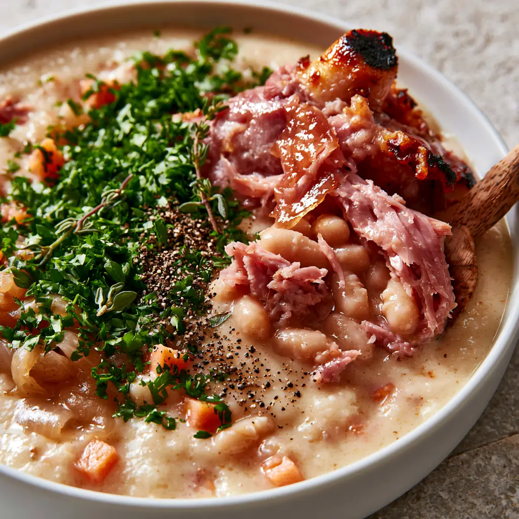 A spoonful of Ham Bone Bean Soup with navy beans and shredded pink ham over a white ceramic bowl.
