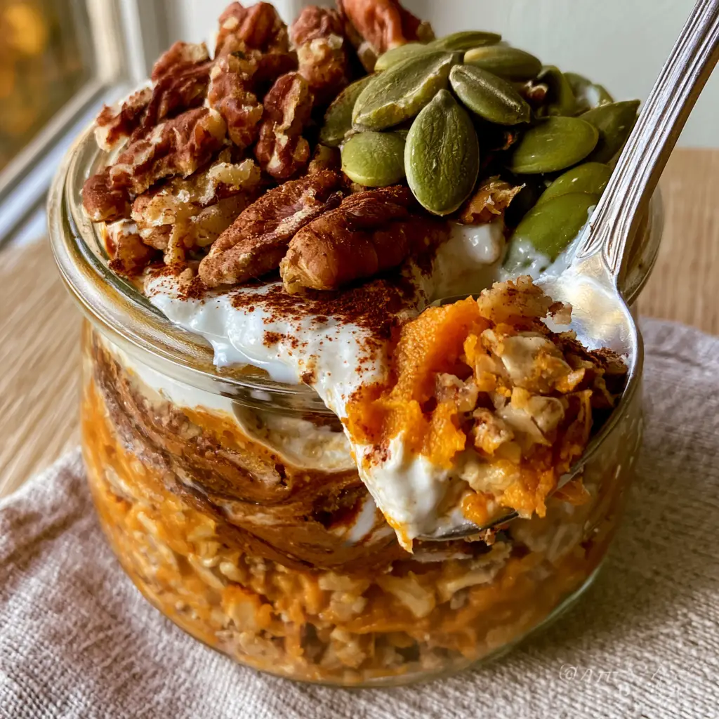 Pumpkin Overnight Oats with a Thick Cookie Dough Texture 1 A silver spoon lifting a thick scoop of pumpkin overnight oats showing pecans and cinnamon dusting.