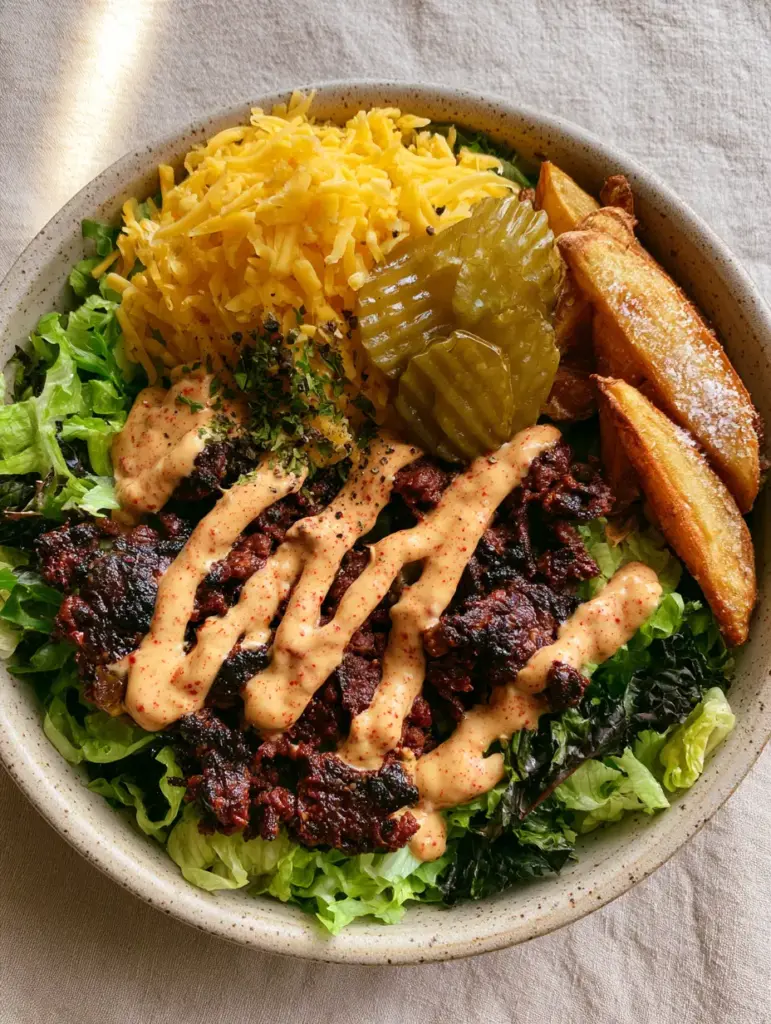 Burger Bowls with Crispy Smash Beef and Air-Fried Potato Wedges 2 Close up overhead photo of burger bowls showing the textured charred edges of ground beef and creamy orange sauce. (burger bowls)