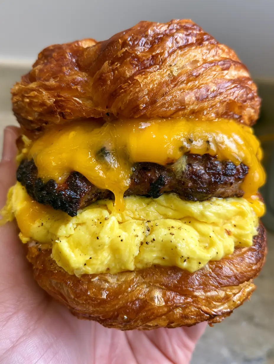 Croissant Breakfast Sandwich: The Ultimate Gourmet Guide to Shattered Flaky Pastry 3 Detailed shot of a croissant breakfast sandwich showing shattered glass texture and thick folded eggs with black pepper. (croissant breakfast sandwich)