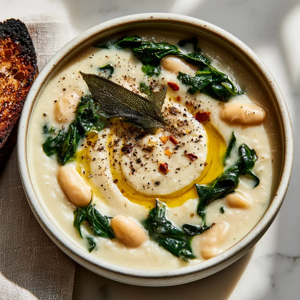 Creamy Bean Soup with Lacinato Kale and Crispy Sage 2 Close-up of Creamy Bean Soup showing visible whole cannellini beans and dark green kale ribbons in a rustic bowl.
