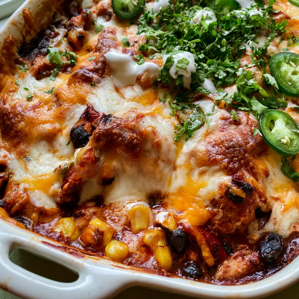 A rustic white ceramic dish featuring Mexican ground turkey casserole garnished with fresh cilantro, jalapeño rounds, and a crema drizzle.