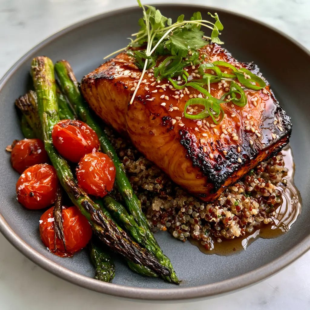 high protein clean eating meals: Honey-Garlic Seared Salmon with Tricolor Quinoa 2 A smartphone photo of premium honey-garlic seared salmon with charred edges and glossy amber glaze. (high protein clean eating meals)