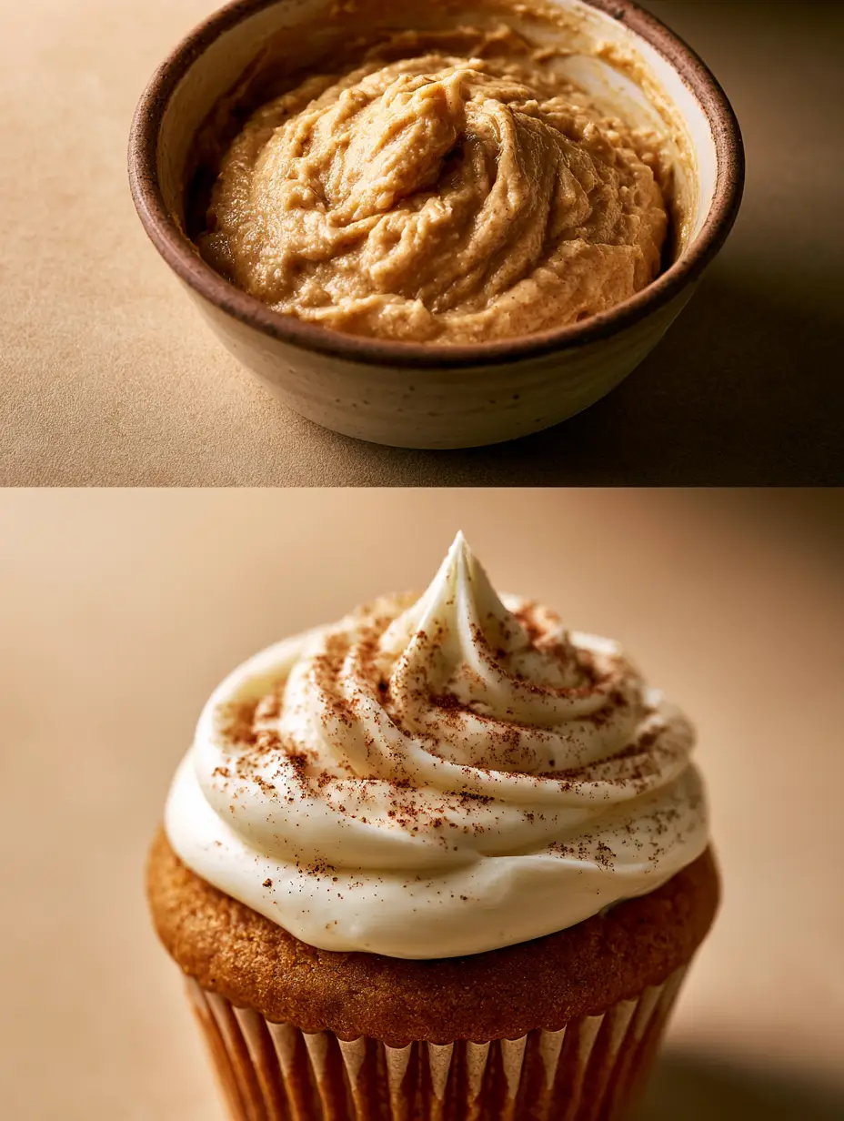 Split screen showing pumpkin cupcake batter being mixed and a macro view of the finished pumpkin cupcakes with frosting.