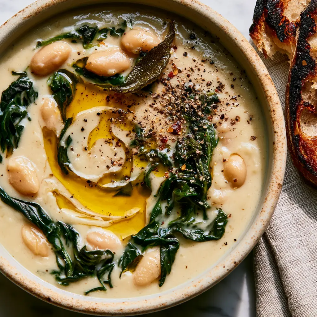 Creamy Bean Soup with Lacinato Kale and Crispy Sage 1 Handheld smartphone style photo of Creamy Bean Soup with charred sourdough on a linen napkin.
