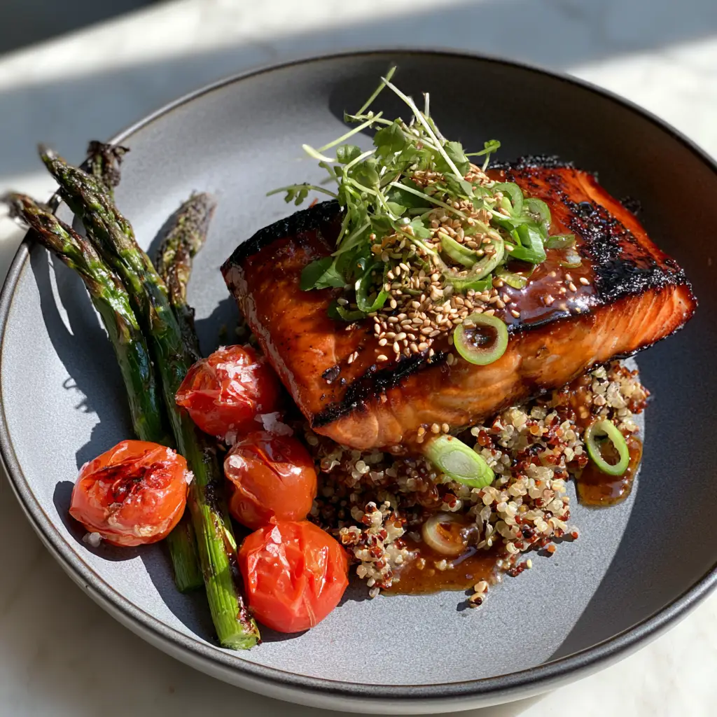 high protein clean eating meals: Honey-Garlic Seared Salmon with Tricolor Quinoa 1 Salmon fillet served on a matte gray plate with blistered cherry tomatoes and toasted white sesame seeds.