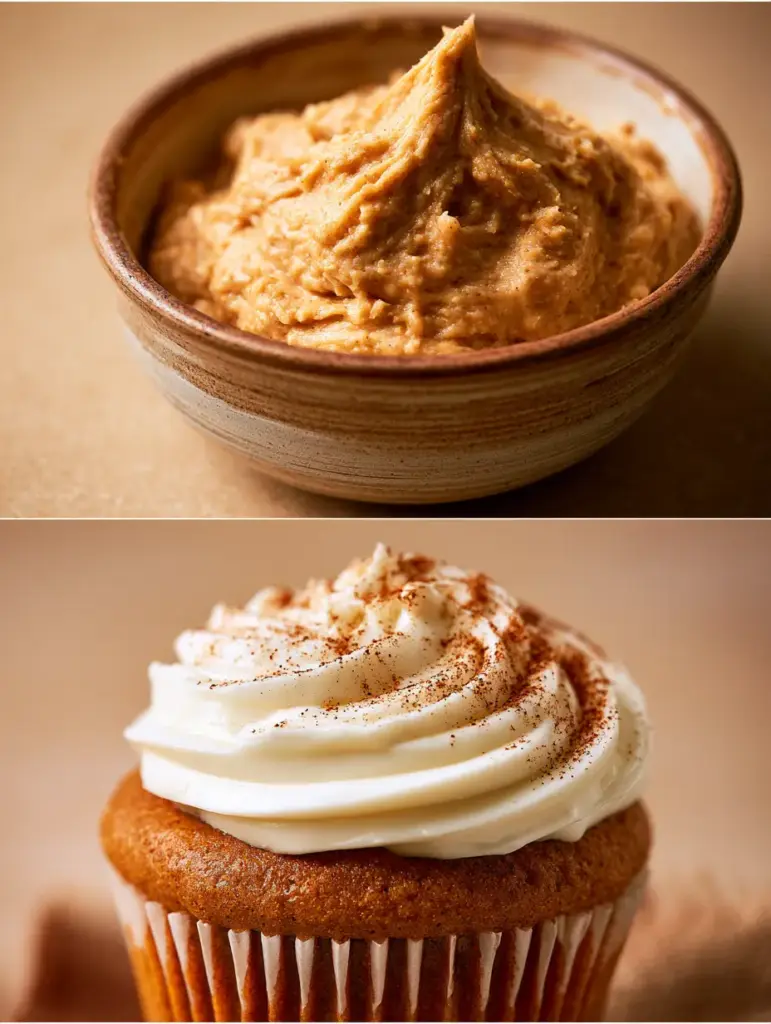 Close up macro of moist pumpkin cupcakes topped with thick cream cheese frosting and cinnamon dust.