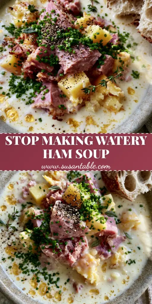 A close-up shot of creamy Ham Soup in a ceramic bowl with chunks of pink ham, Yukon Gold potatoes, and fresh chives, served with torn sourdough bread.