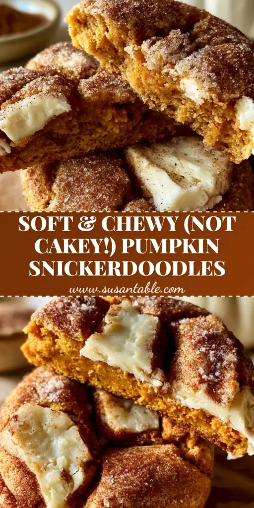 White chocolate pumpkin snickerdoodles with Fudgy Centers 4 A stack of thick White chocolate pumpkin snickerdoodles with deep surface cracks and melted white chocolate chunks on brown parchment paper.