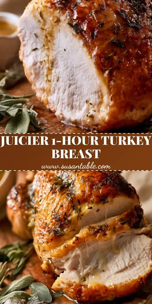 Roasted Turkey Breast with Garlic Herb Butter and Crispy Skin 3 A perfectly roasted turkey breast with golden-brown crispy skin and fresh herbs on a rustic wooden board.